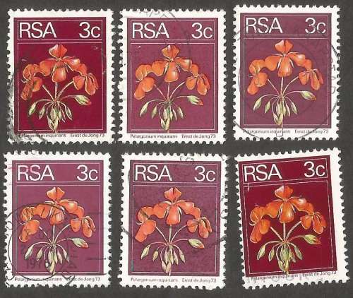 Republic of South Africa Grouping of  2nd Definitive 3c Geranium. Post mark / Cancel