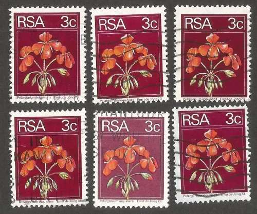 Republic of South Africa Grouping of  2nd Definitive 3c Geranium. Post mark / Cancel