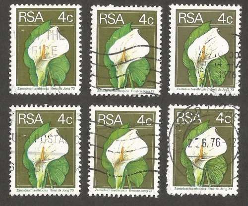 Republic of South Africa Grouping of  2nd Definitive 4c Arum Lily. Post mark / Cancel