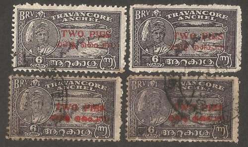 Indian Feudatory States: Travancore. 2pies x 4 Overprint Varieties