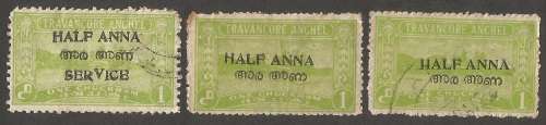 Indian Feudatory States: Travancore. ½a Overprint Varieties. Inverted H, Raised V