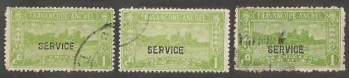 Indian Feudatory States: Travancore. ½a Overprint Varieties. Broken Lettering