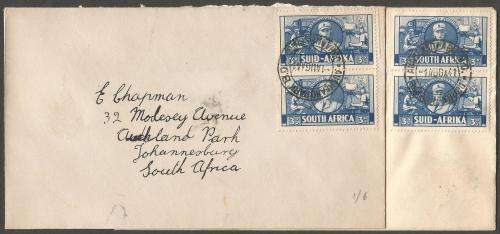 Union of SA SACC90 3d x2 1941 Aug 1. Large war FDC. Pvt Covers. Missing part on other FDC