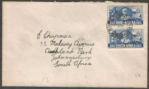 Union of SA SACC90 3d x2 1941 Aug 1. Large war FDC. Pvt Covers. Missing part on other FDC