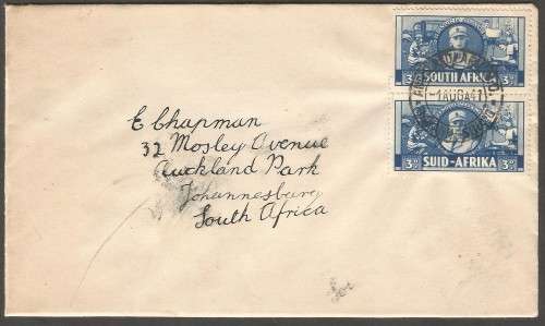 Union of SA SACC90 3d x2 1941 Aug 1. Large war FDC. Pvt Covers. Missing part on other FDC