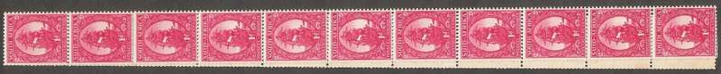 Union of South Africa SACC105 Mono Coil strip of 22 stamps. Coarse Screen UHB V1 on 6th stamp