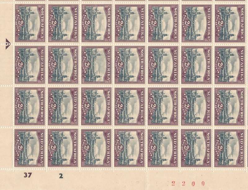Union of South Africa SACC115 2d half sheet V1. R11/1 Smudge in frame