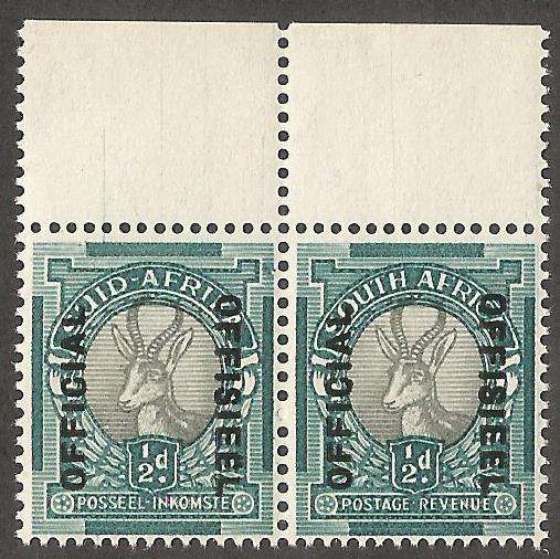 Union of South Africa Official SACC37 ½d with official reading up and downwards. R800 CV per pair