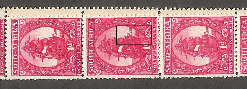 Union of South Africa SACC105 Mono Coil strip of 22 stamps. Coarse Screen UHB V1 on 6th stamp