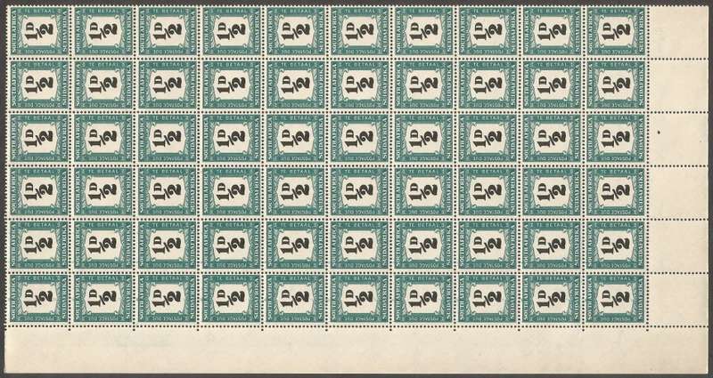 Union of South Africa Postage due SACC33 ½d Quarter Sheet CV R100 per stamp Various Marks smudges