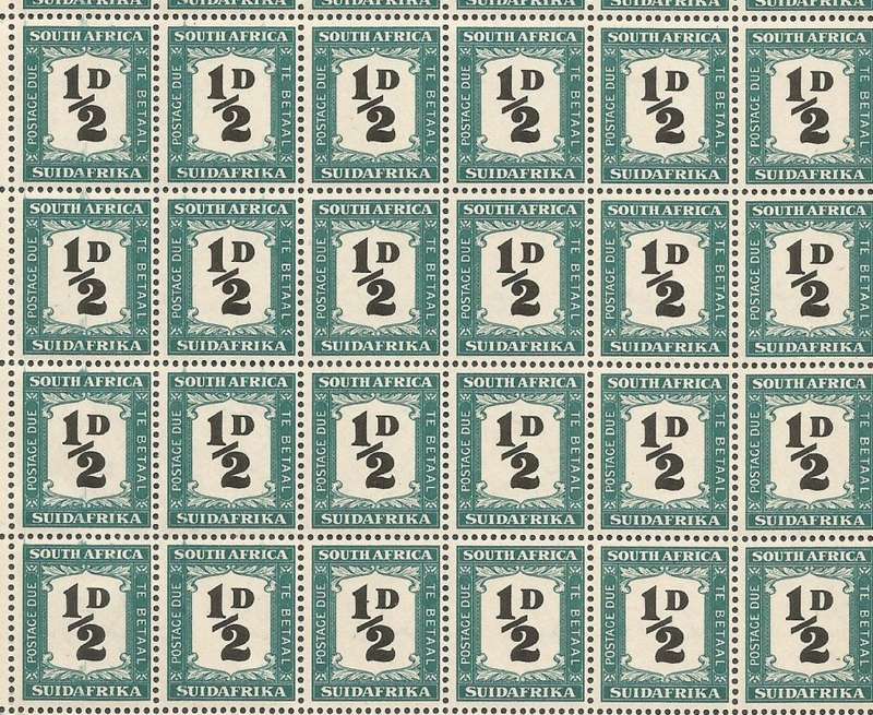 Union of South Africa Postage due SACC33 ½d Quarter Sheet CV R100 per stamp Various Marks smudges