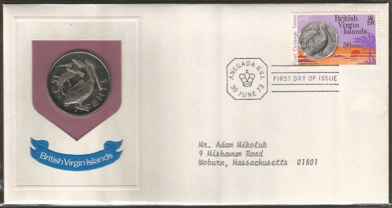 British Virgin Islands FDC with Coin. 1973 First Coin Mintage 50 cents