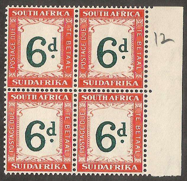 Union of South Africa SACC28a 6d INV WMK Block of 4