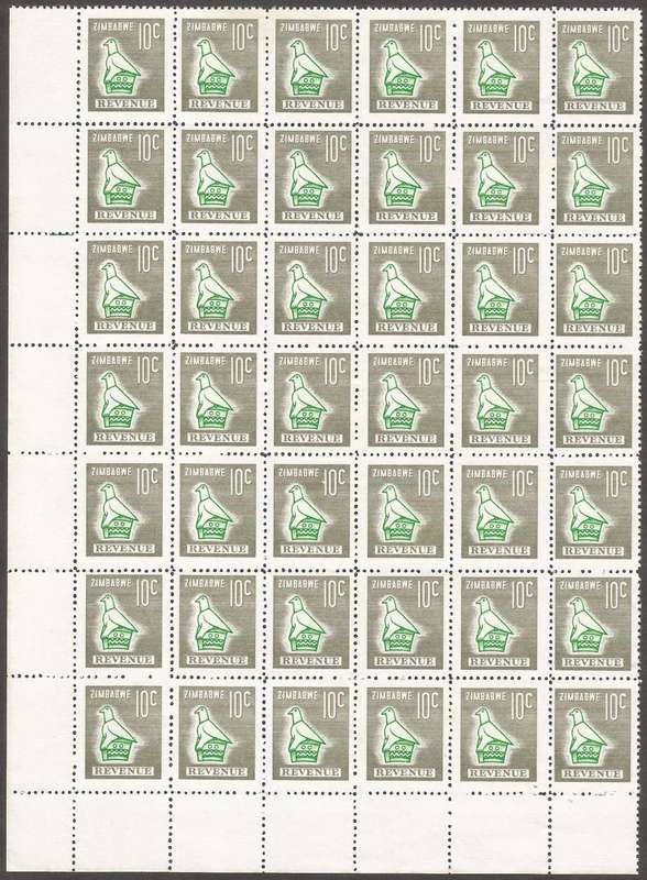 Zimbabwe Incomplete Perforation Revenue Stamps. Large block of 48, 10c Value