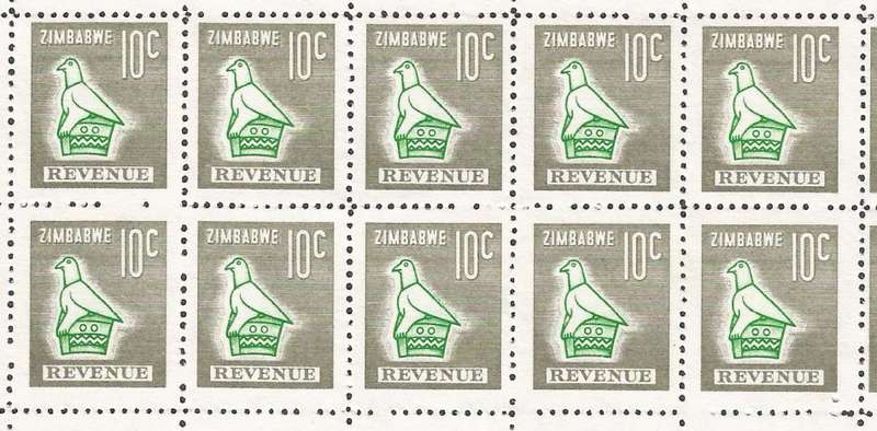 Zimbabwe Incomplete Perforation Revenue Stamps. Large block of 48, 10c Value
