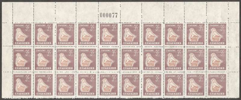 Zimbabwe Incomplete Perforation Revenue Stamps. 3c Value. Large block with Sheet number
