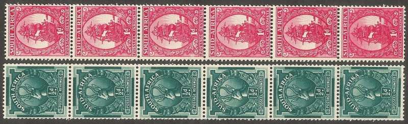 Union of SA 1943 coils ½d fine screen 1d coarse screen. Listed Varieties, line on 1,5, bursting sun