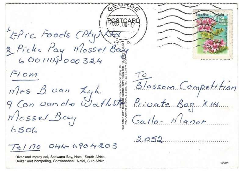 Post Card - Sodwana Bay- Natal- South Africa- Used- Cancel- George- 2002- Blossom Competition