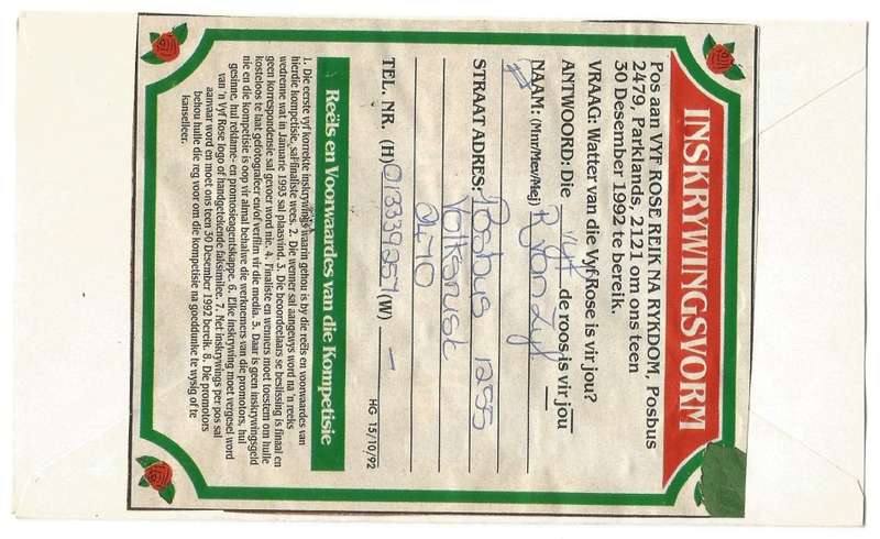 RSA- Domestic Mail- Cover + FIVE ROSES Competition Entry Form- FDC- Cancel- Used- Postmark