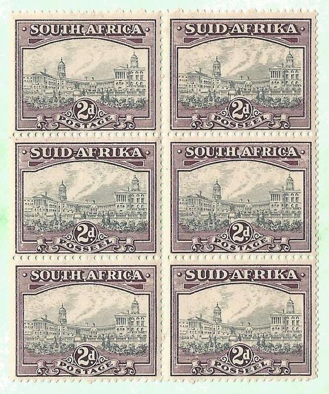 Union of South Africa SACC44/44e Block of 6, Note split perfs - MNH