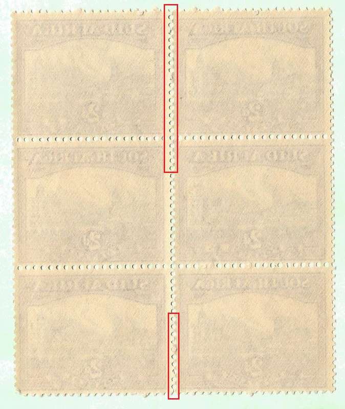 Union of South Africa SACC44/44e Block of 6, Note split perfs - MNH