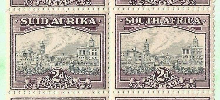 Union of South Africa SACC44/44e Block of 6, Note split perfs - MNH