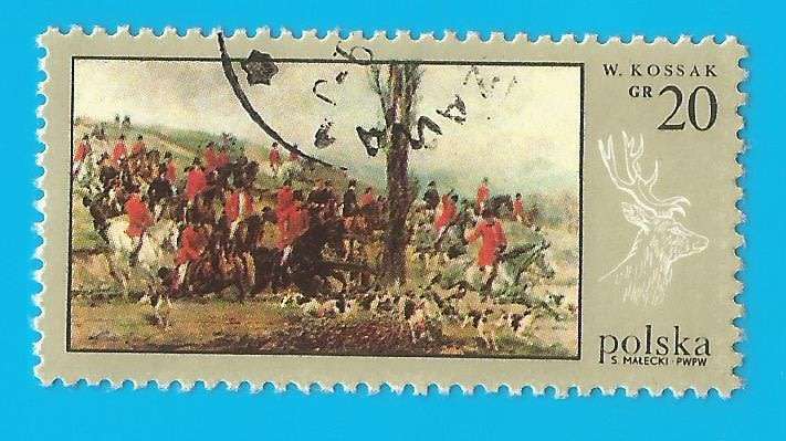 Poland- Used- Cancel- Postmark- Thematic- Art- Painting- Fauna- Horses- Uniform- Dogs- Hunting