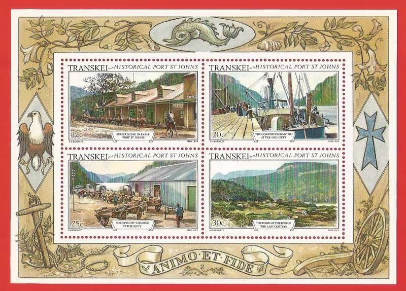 Transkei-1986-M/S-MNH-SACC185-Thematic-Buildings-Fauna-Landscape-Transport-Boat-Cart