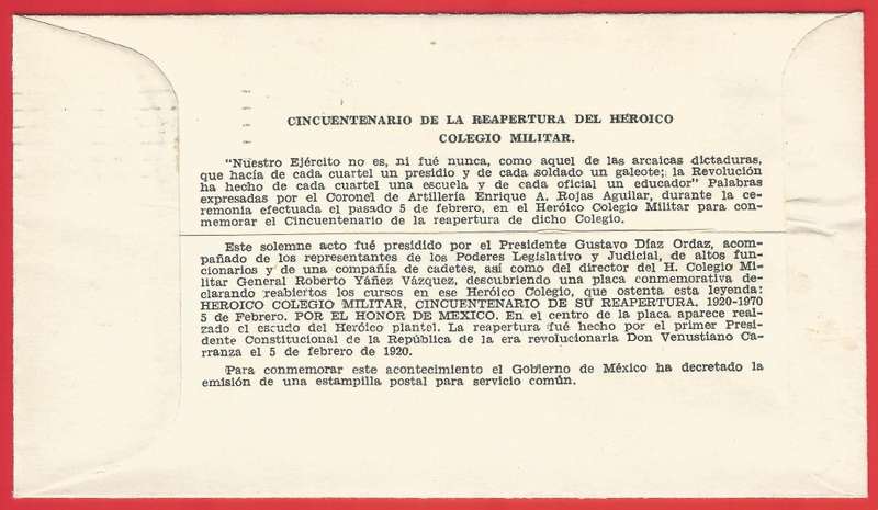 Mexico FDC 1970 The 50th Anniversary of Military College Reorganization