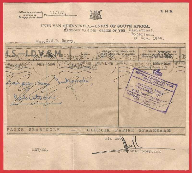 Union of South Africa-Envelope+Letter-1944-Magistrate Robertson-Cancel-Postmark