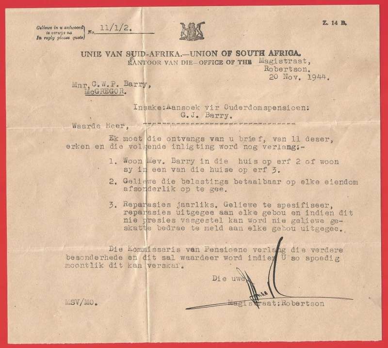 Union of South Africa-Envelope+Letter-1944-Magistrate Robertson-Cancel-Postmark