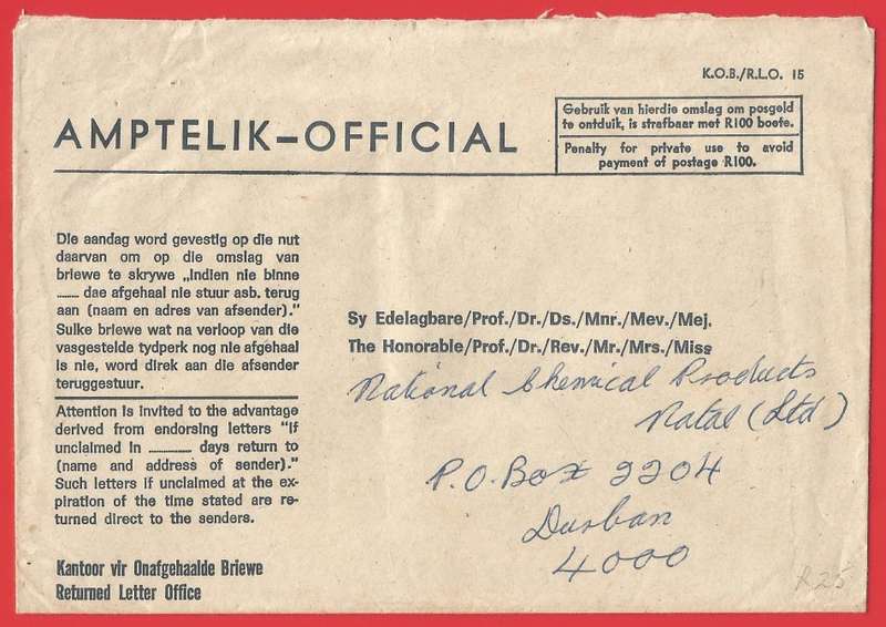 Republic of South Africa- Returned Letter Office - Official Envelope-National Chemical Products