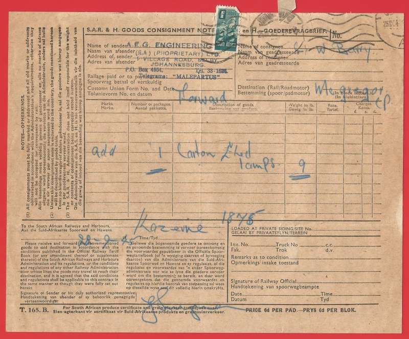 Union of SA-SA Railways and Harbours Goods Consignment Note-1945-Cancel. Wartime paper saving