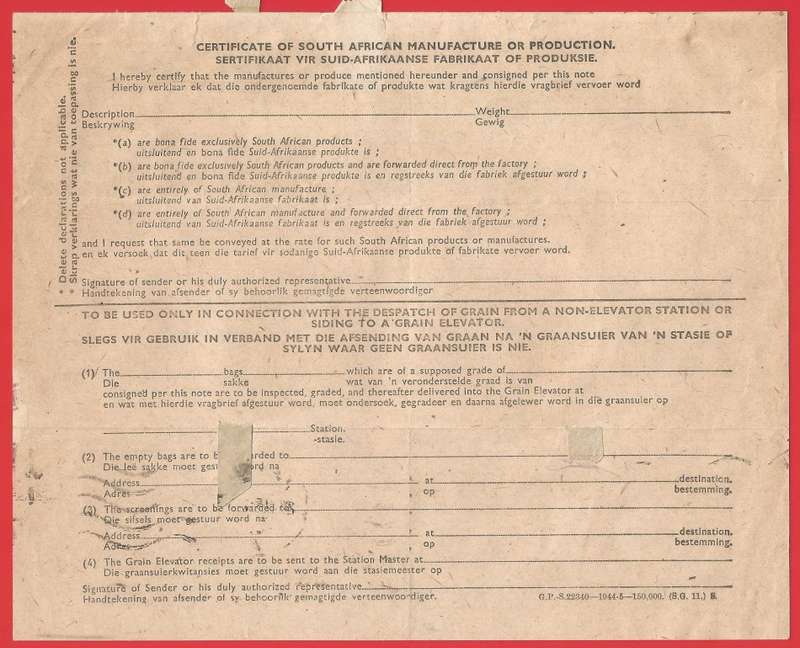 Union of SA-SA Railways and Harbours Goods Consignment Note-1945-Cancel. Wartime paper saving