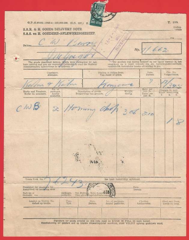 Union of SA-SA Railways and Harbours Goods Delivery Note-1944-Cancel-Postmark. Wartime paper saving