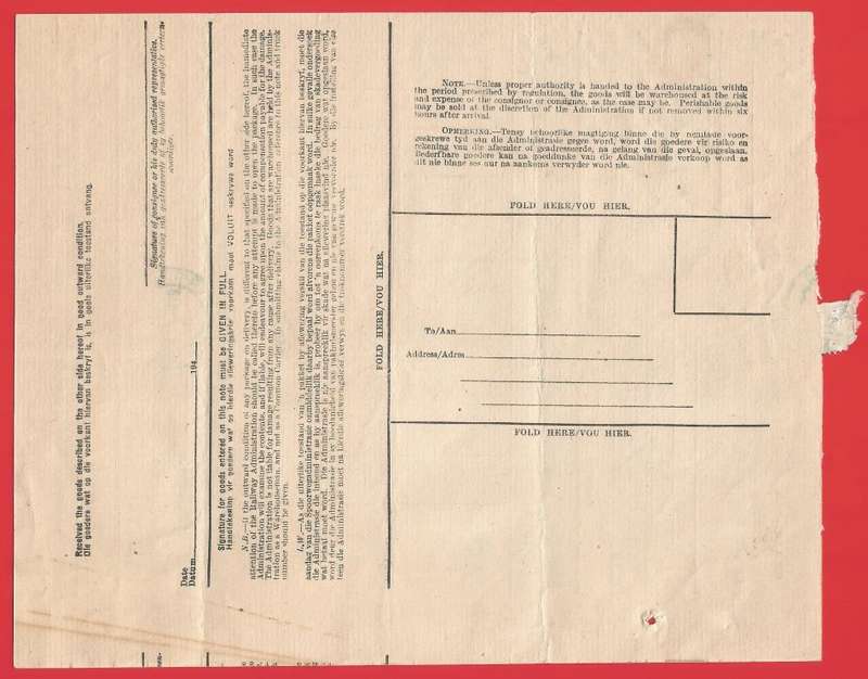 Union of SA-SA Railways and Harbours Goods Delivery Note-1944-Cancel-Postmark. Wartime paper saving