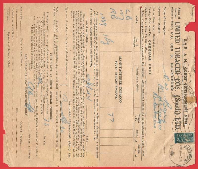 Union of SA-SA Railways and Harbours Goods Consignment Note-1944-Postmark. Wartime paper saving
