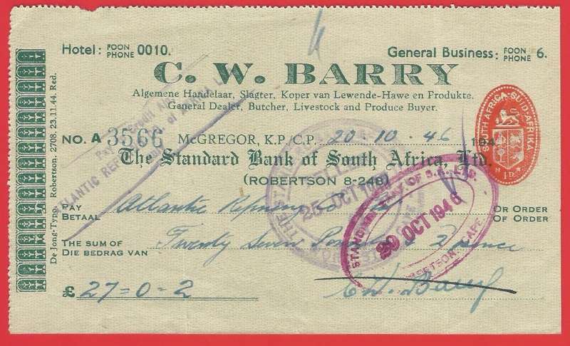 Union of SA-The Standard Bank of South Africa Ltd-Cheque-1946-Postmark-Cancel