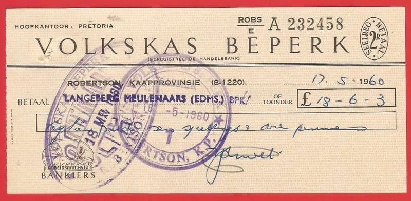 Union of SA-Volkskas Beperk-Cheque-1960-Postmark-Cancel