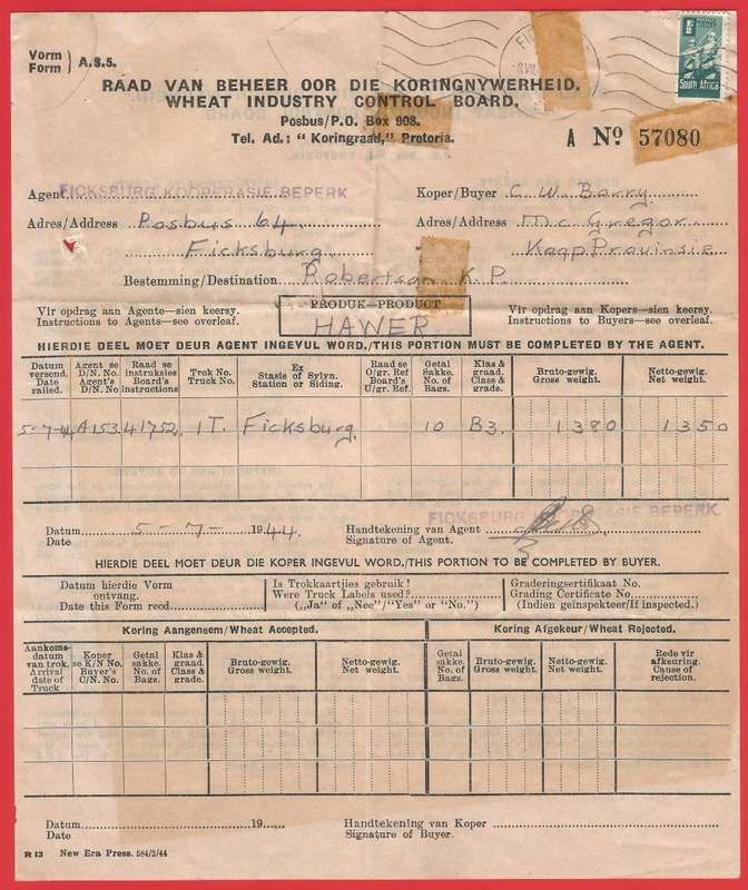 Union of SA-Wheat Industry Control Board Form A.S.5-1944-Postmark. Wartime paper saving