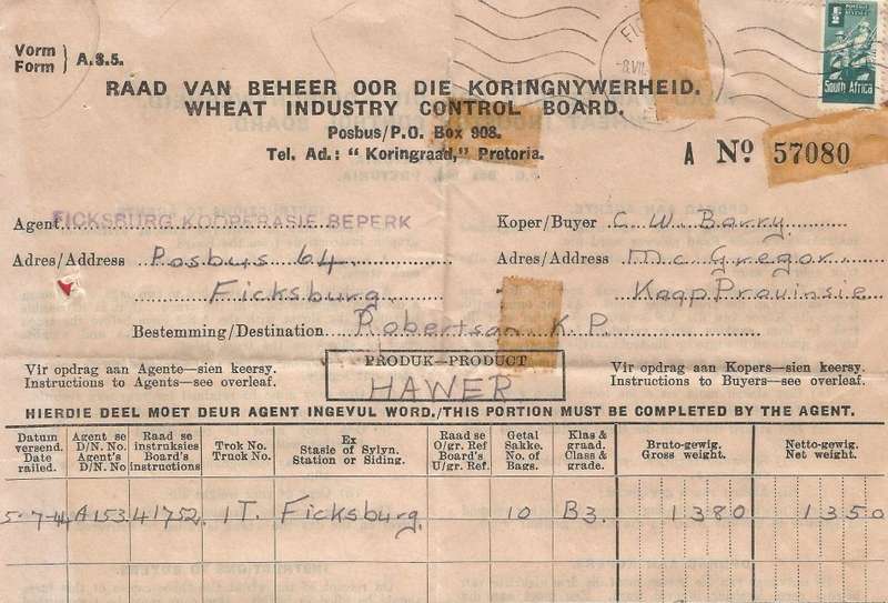 Union of SA-Wheat Industry Control Board Form A.S.5-1944-Postmark. Wartime paper saving