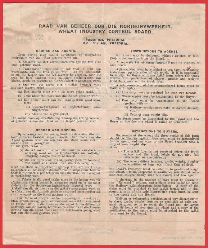 Union of SA-Wheat Industry Control Board Form A.S.5-1944-Postmark. Wartime paper saving