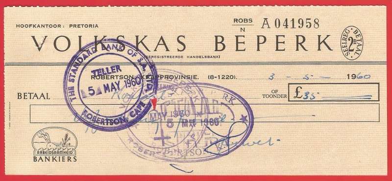 Union of SA-Volkskas Beperk-Cheque-1960-Postmark-Cancel