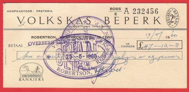 Union of SA-Volkskas Beperk-Cheque-1960-Postmark-Cancel