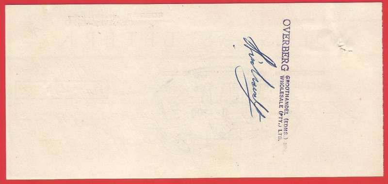 Union of SA-Volkskas Beperk-Cheque-1960-Postmark-Cancel