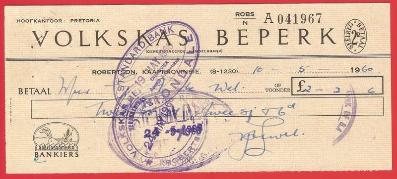 Union of SA-Volkskas Beperk-Cheque-1960-Postmark-Cancel
