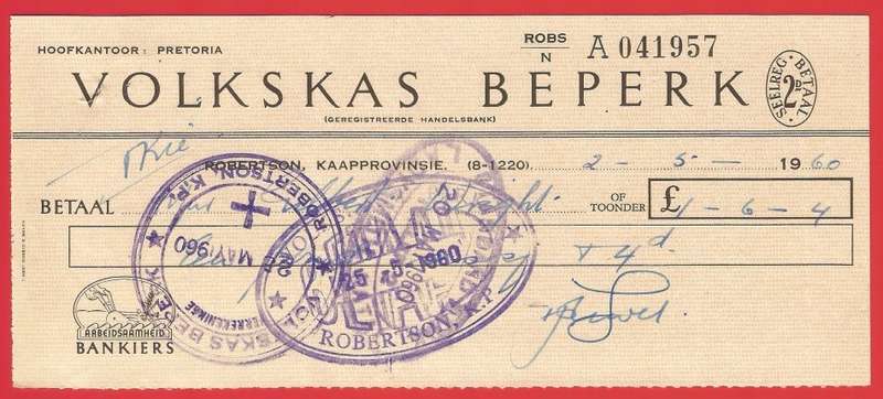 Union of SA-Volkskas Beperk-Cheque-1960-Postmark-Cancel