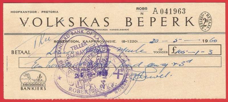 Union of SA-Volkskas Beperk-Cheque-1960-Postmark-Cancel