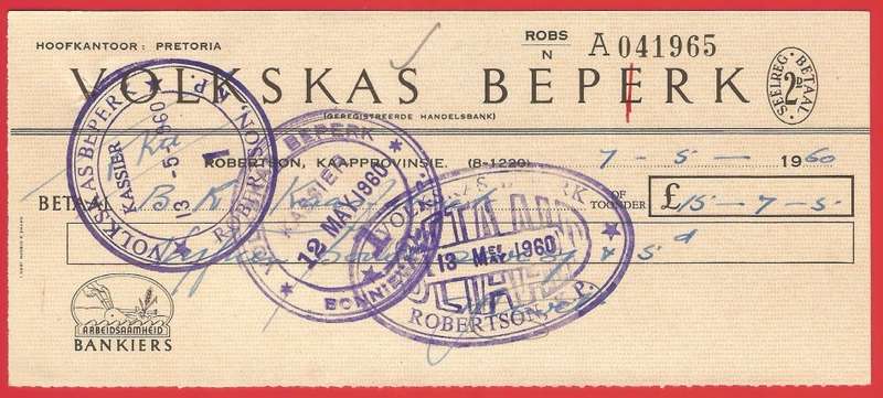 Union of SA-Volkskas Beperk-Cheque-1960-Postmark-Cancel