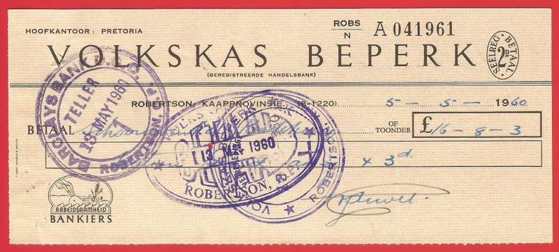 Union of SA-Volkskas Beperk-Cheque-1960-Postmark-Cancel